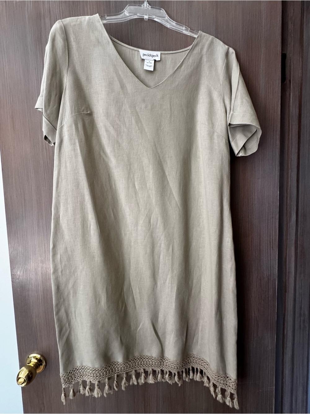 Peck & Peck Olive-Tan Short Sleeve V-Neck Tunic with Fringe Hem